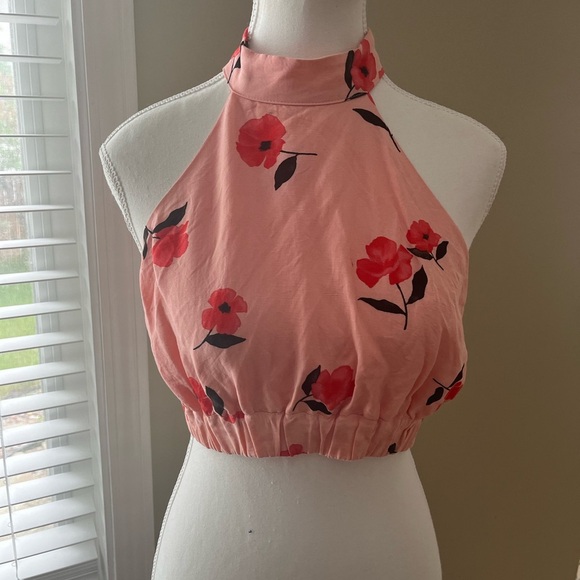 [XS]Zara Crop Top Coral Floral Print Linen-Blend Halter Neck - Picture 3 of 8